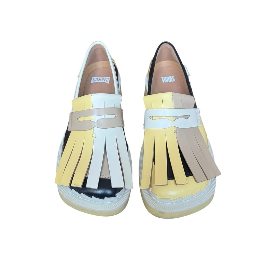 Camper Two-Tone Yellow, Black & Cream Kiltie Loafers - Picture 5 of 15